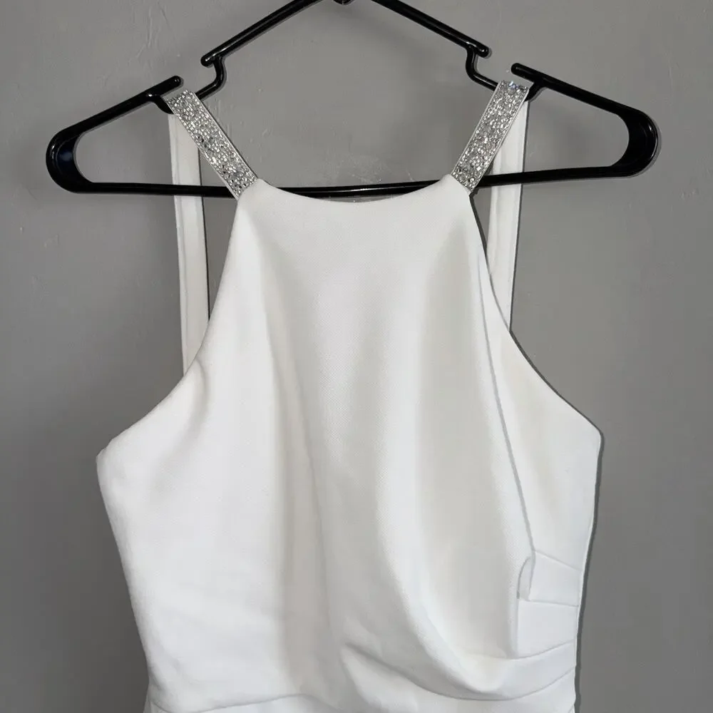 Betsy & Adam Woman’s Sz 6 White Mermaid Dress Silver Beaded Straps Cinched Waist